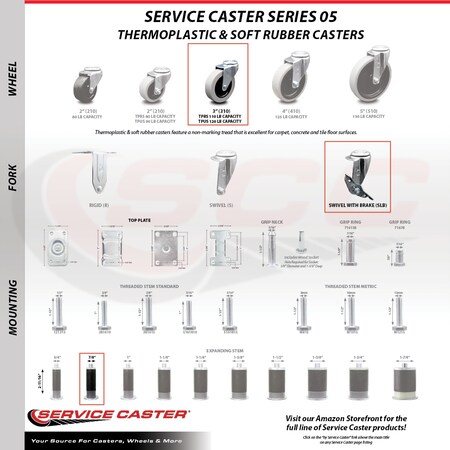 Service Caster 3 Inch Thermoplastic Rubber Wheel 7/8 Inch Expanding Stem Caster with Brake SCC-EX05S310-TPRS-SLB-78